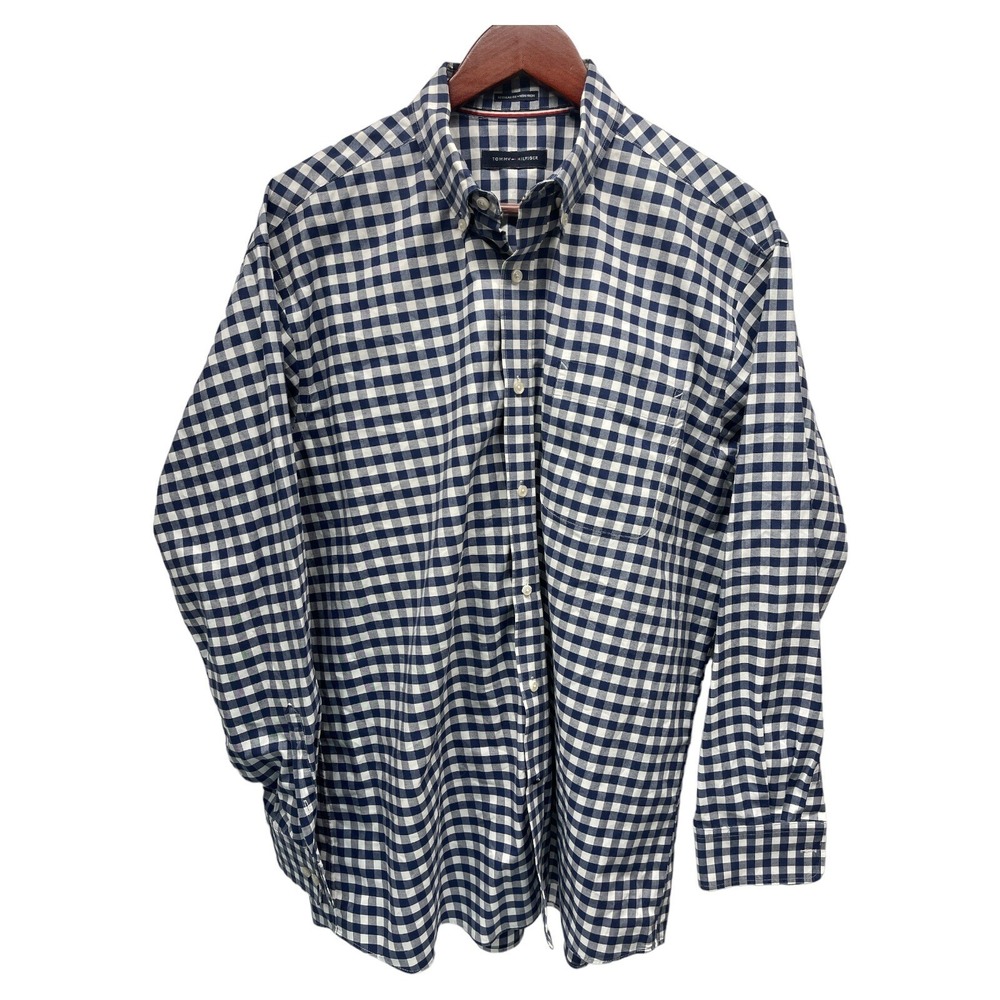 Tommy Hilfiger Mens 17.5 34/35 Blue Check Pattern Non Iron Long Sleeve Shirt
